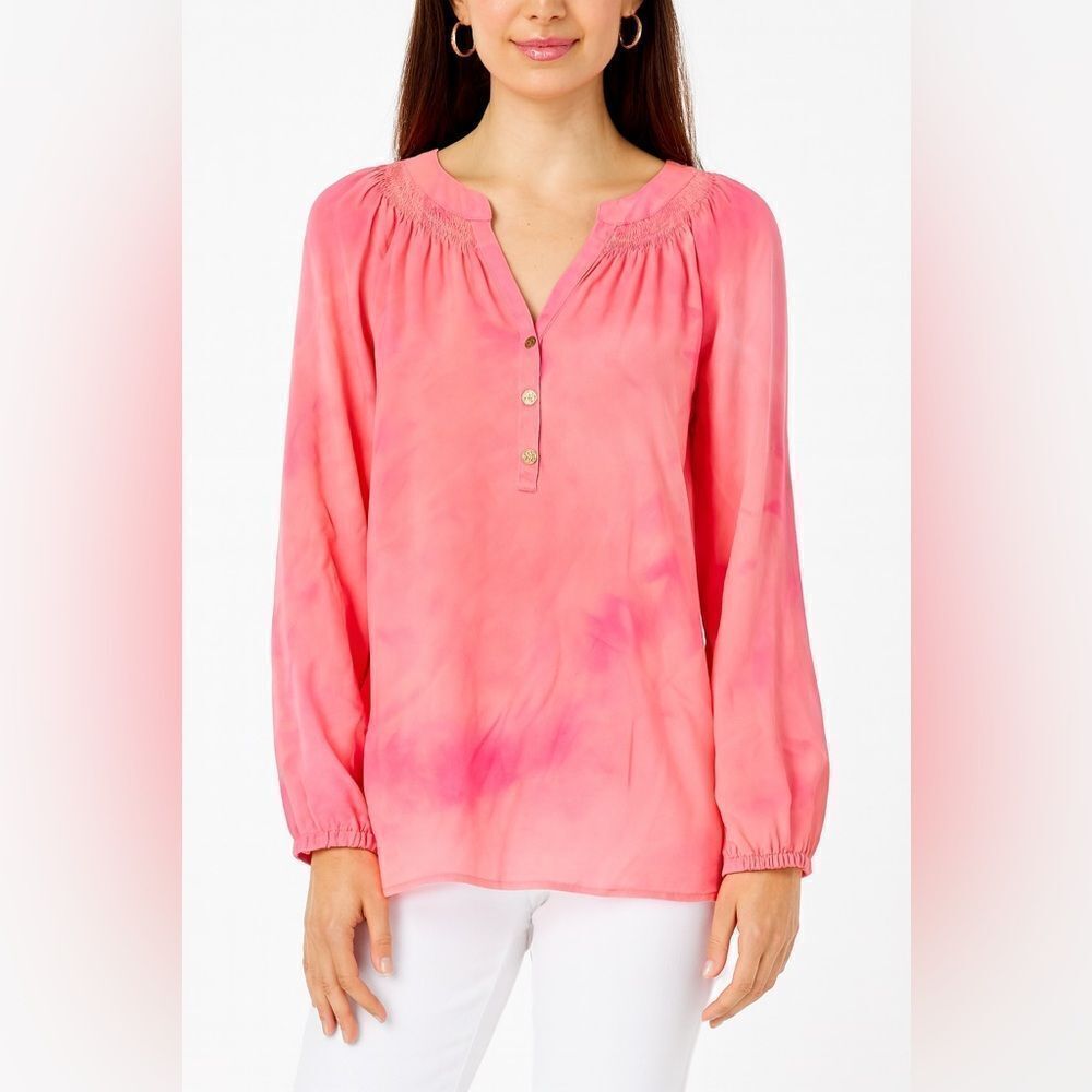 Lilly Pulitzer Tie-Dye Elsa Blouse – Pink, Long Sleeve, Gold Buttons, Size M